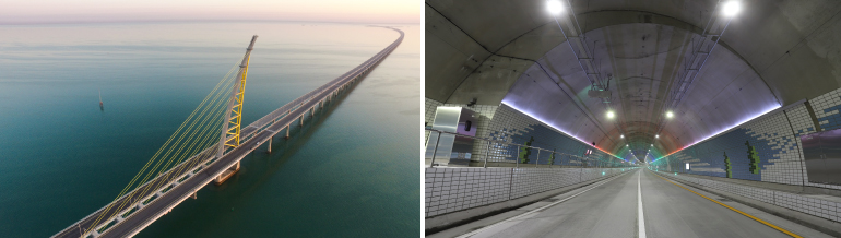 현대건설이 시공한 초대형 해상교량 쿠웨이트 셰이크 자베르 코즈웨이(왼쪽)와 국내 최장 해저터널인 보령 해저터널(오른쪽) 모습
