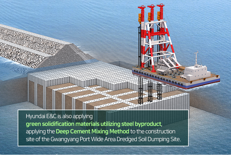 Hyundai E&C is also applying green solidification materials utilizing steel byproduct, applying the Deep Cement Mixing Method to the construction site of the Gwangyang Port Wide Area Dredged Soil Dumping Site. 