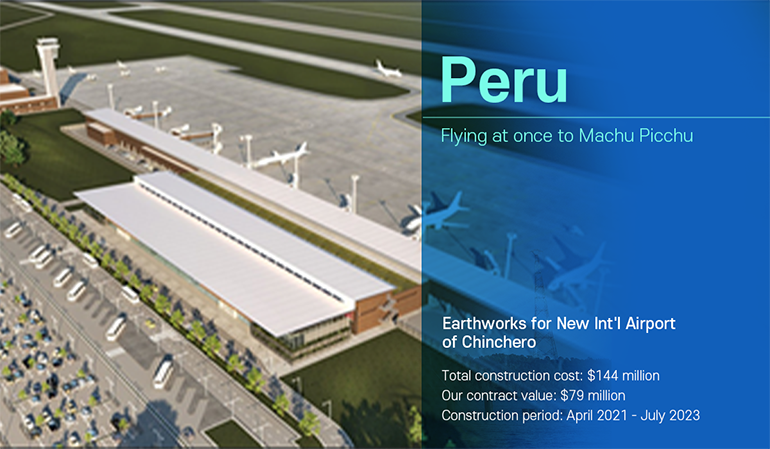 Peru Flying at once to Machu Picchu Earthworks for New Intl Airport of Chinchero Total construction cost: $144 million Our contract value: $79 million Construction period: April 2021 - July 2023 Main Works for New Intl Airport of Chinchero Total construction cost: USD 362.7 million Our contract value: USD 126.9 million Construction period: August 2021 - November 2026