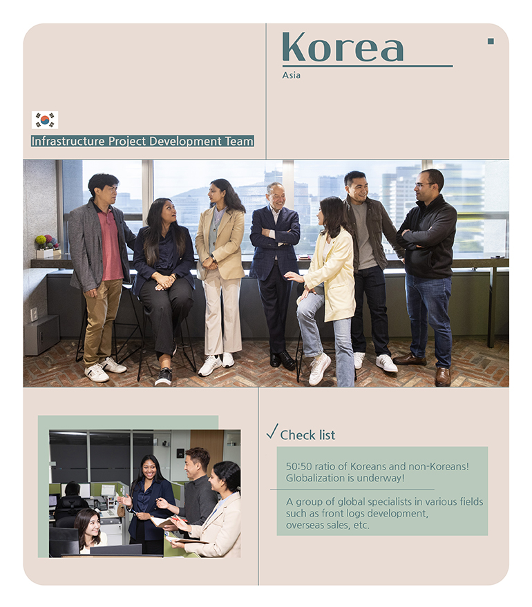 Korea Infrastructure Project Development Team check list 50:50 ratio of Koreans and non-Koreans! Globalization is underway! A group of global specialists in various fields such as front logs development, overseas sales, etc.