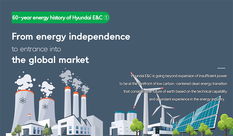 60-year energy history of Hyundai E&C ① From energy independence to entrance into the global market  Hyundai E&C is going beyond expansion of insufficient power to be at the forefront of low carbon -centered clean energy transition that considers the future of earth based on the technical capability and abundant experience in the energy industry. 