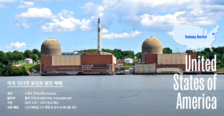 미국 인디언 포인트 원전 해체 United States of America Buchanan, New York 미국 인디언 포인트 원전 해체 위치 - 뉴욕주 뷰캐넌 발주처 - 홀텍 인터내셔널(HOLTEC INTERNATIONAL) 기간 - 2022 수주 / 2035년 준공예상 규모/특징 - 2,317MW급 3기 해체 및 방사성 폐기물 관리