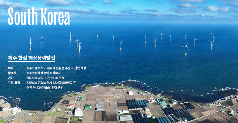 제주 한림 해상풍력발전 South Korea 제주 한림 해상풍력발전 위치 - 제주특별자치도 제주시 한림읍 수원리 전면 해상 발주처 - 제주한림해상풍력 주식회사 기간 - 2022.01 착공 / 2024.10 완공 규모/특징 - 5.56MW 풍력발전기 18기(100MW규모로 국내 최대) 연간 약 234GWh의 전력 생산