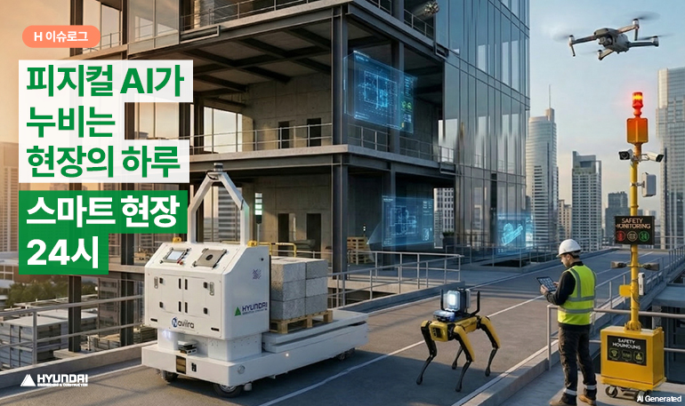 H 이슈로그 피지컬 AI가 누비는 현장의 하루 H 이슈로그 피지컬 AI가 누비는 현장의 하루 스마트 현장 24시 탐색 ▲HYUNDAI 현대 안전 모니터링 안전 추적 AI 생성