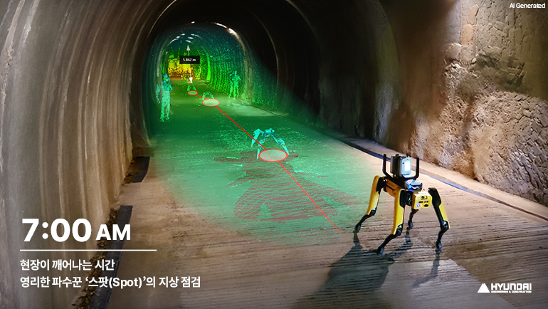 오전 7시 현장이 깨어나는 시간 영리한 파수꾼 스팟(Spot)의 지상 점검 AI 생성 오전 7시 현장이 깨어나는 시간 영리한 파수꾼 스팟(Spot)의 지상 점검 현대