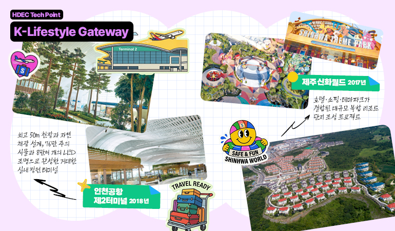 HDEC Tech Point K-Lifestyle Gateway  인천공항 제2터미널(2018년) 최고 50m 천장과 자연 채광 설계, 76만 주의 식물과 8만여 개의 LED 조명으로 완성한 거대한 실내 정원 터미널  제주신화월드(2017년) 호텔·쇼핑·테마파크가 결합된 대규모 복합 리조트 단지 조성 프로젝트