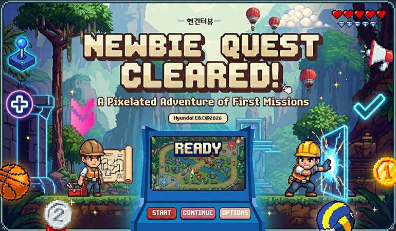 현건터뷰 NEWBIE QUEST CLEARED! A Pixelated Adventure of First Missions Hyundai E&C@2026 READY START / CONTINUE / OPTIONS