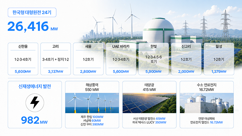 ENERGY 한국형 대형원전 24기 26,416 MW 신한울 1·2·3·4호기 — 5,600MW 고리 3·4호기 + 정지 1·2 — 3,137MW 새울 1·2호기 — 2,800MW UAE 바라카 1·2·3·4호기 — 5,600MW 한빛 1·2·3·4·5·6호기 — 5,900MW 신고리 1·2호기 — 2,000MW 월성 1·2호기 — 1,379MW 982 MW 신재생에너지 발전 해상풍력 550 MW 제주 한림 100MW 서남해 60MW 신안 우이 390MW 태양광 415 MW 서산 65MW 미국 텍사스 LUCY 350MW 수소 연료전지 16.72 MW 안양 아삼파워 연료전지 발전소 16.72MW