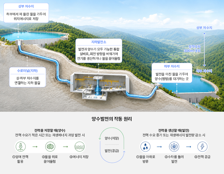 상부 저수지  하부에서 퍼 올린 물을 가두어 위치에너지로 저장  상부 저수지  지하발전소  발전과 양수가 모두 가능한 통합 설비로, 회전 방향을 바꿔가며 전기를 생산하거나 물을 끌어올림  정격낙차  300m 내외  수로터널(지하)  상·하부 저수지를 연결하는 지하 물길  하부 저수지  발전을 마친 물을 가두어 양수(펌핑)를 대기하는 곳  하부 저수지  양수발전의 작동 원리  전력을 저장할 때(양수)  전력 수요가 적은 시간 또는 재생에너지 과잉 발전 시  ①잉여 전력 활용  ②물을 위로 끌어올림  ③에너지 저장  양수(저장)  ←  ←  ←  발전(공급)  전력을 생산할 때(발전)  전력 수요 증가 또는 재생에너지 발전량 감소 시  ①물을 아래로 방류  ②수차를 돌려 발전  ③전력 공급