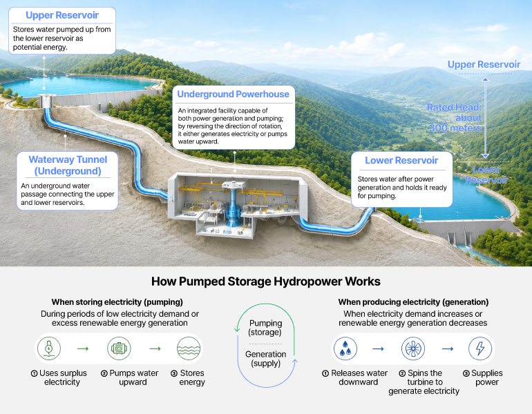 A Huge Energy Reservoir We Knew Little About: Pumped Storage Hydropower: a Battery Powered by Water Upper Reservoir Stores water pumped up from the lower reservoir as potential energy. Underground Powerhouse An integrated facility capable of both power generation and pumping; by reversing the direction of rotation, it either generates electricity or pumps water upward. Waterway Tunnel (Underground) An underground water passage connecting the upper and lower reservoirs. Lower Reservoir Stores water after power generation and holds it ready for pumping. Rated Head: about 300 meters How Pumped Storage Hydropower Works When storing electricity (pumping) During periods of low electricity demand or excess renewable energy generation ① Uses surplus electricity ② Pumps water upward ③ Stores energy When producing electricity (generation) When electricity demand increases or renewable energy generation decreases ① Releases water downward ② Spins the turbine to generate electricity ③ Supplies power Pumping (storage) Generation (supply)