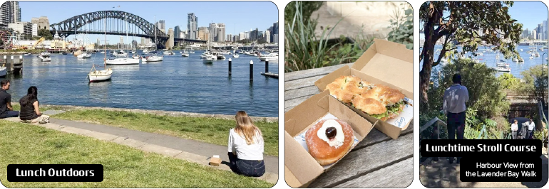 Lunch Outdoors Lunchtime Stroll Course Harbour View from the Lavender Bay Walk Lunch Outdoors Lunchtime Stroll Course Harbour View from the Lavender Bay Walk